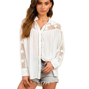 Free People Katie Bird Crochet Inset Button down top